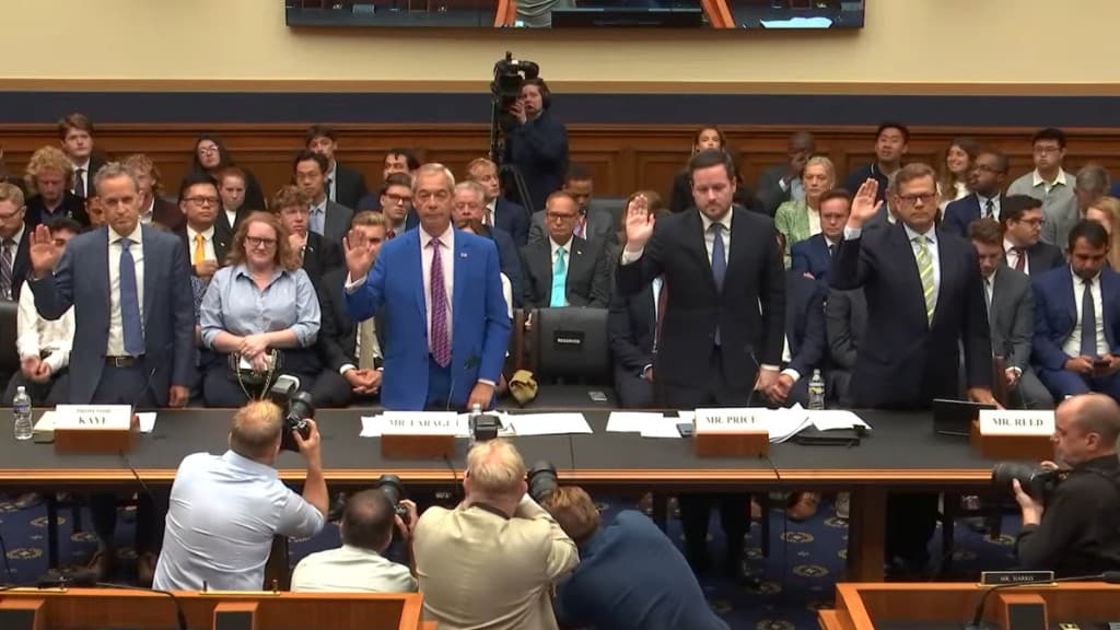 Witnesses being sworn in at a U.S. House Judiciary Committee hearing on Europe's threat to American speech and innovation, September 3, 2025.